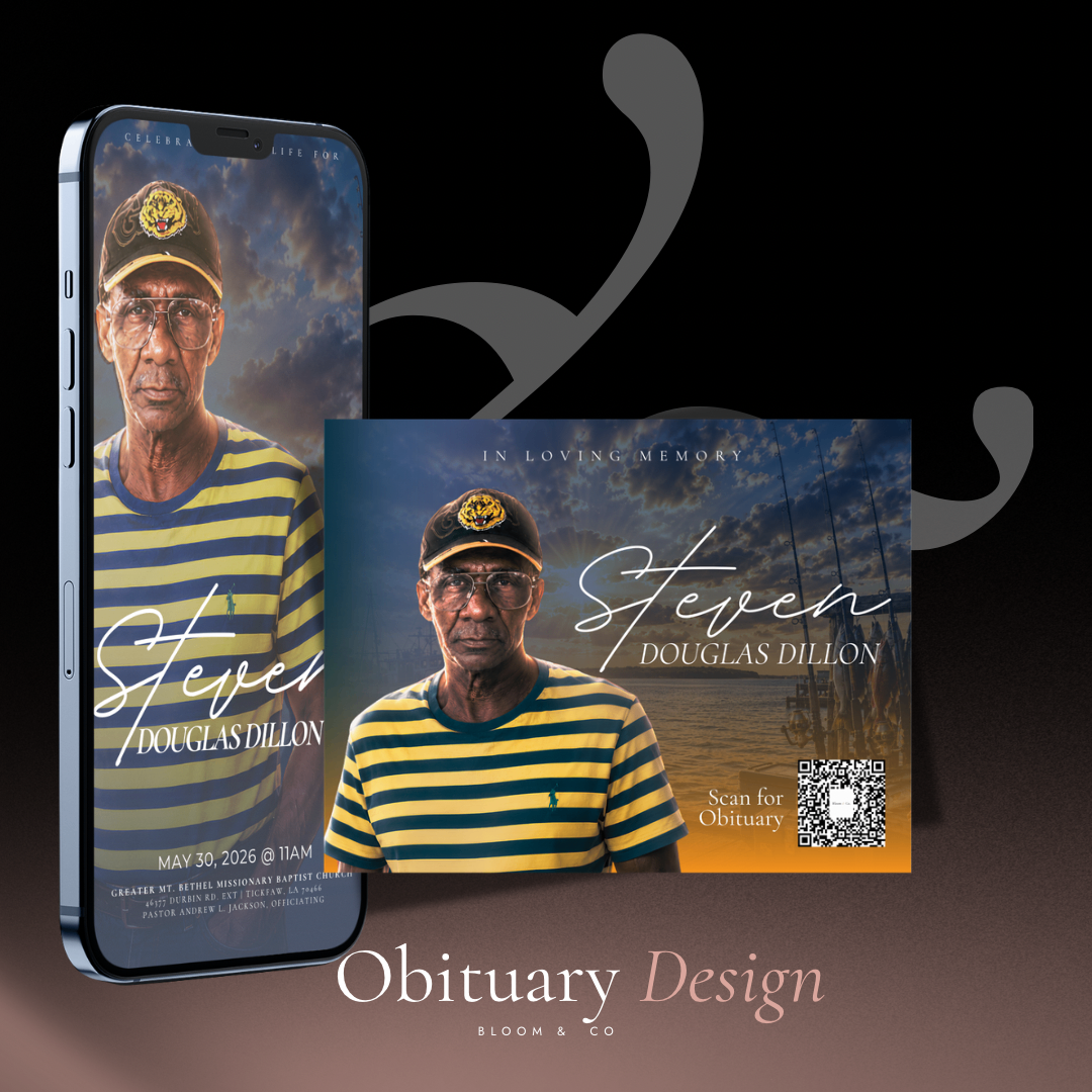 Steven Douglas Dillon obituary design shown as phone and printed card layouts