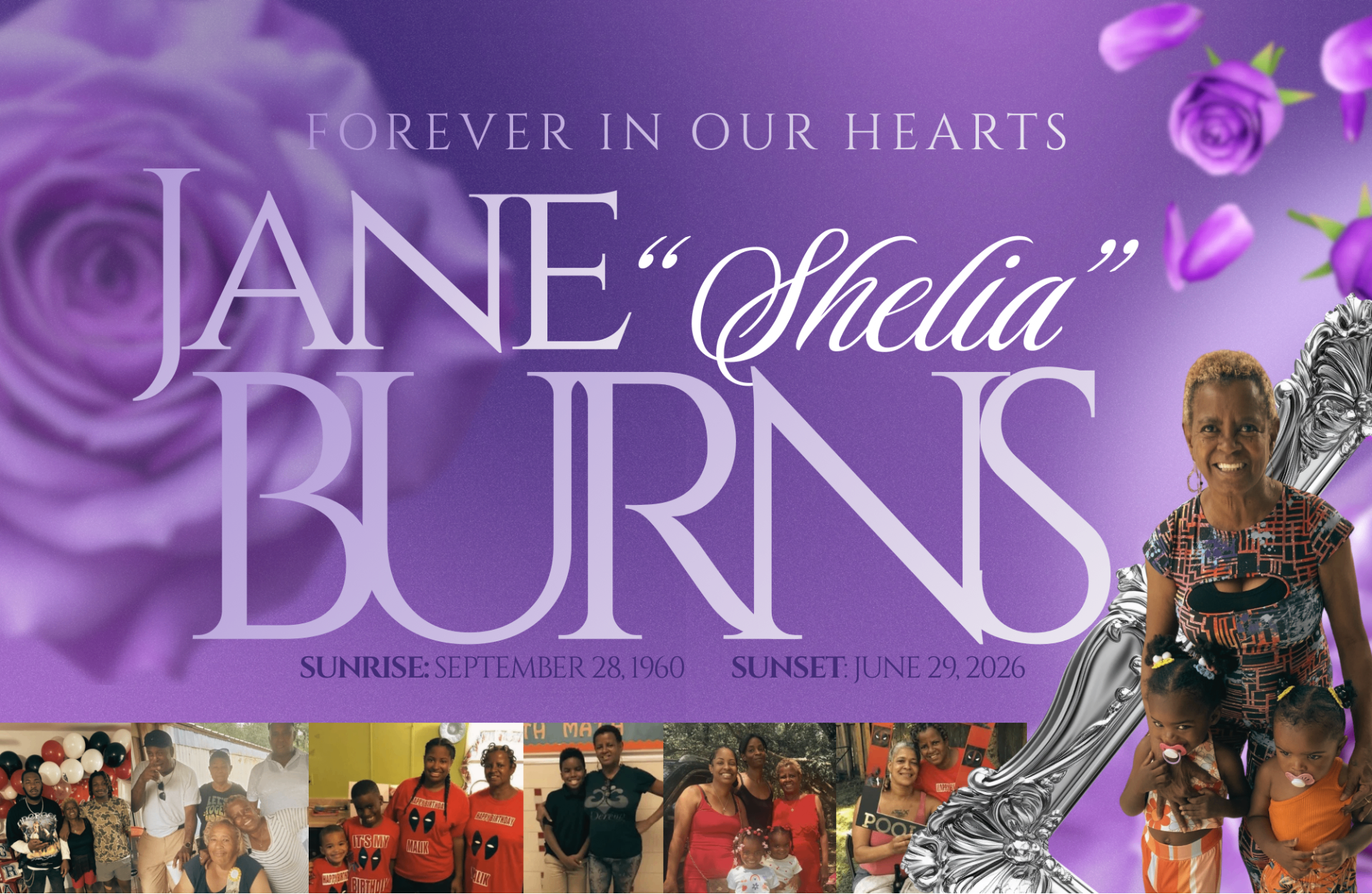 Jane 'Shelia' Burns forever in our hearts memorial hero design with purple roses and family photo collage