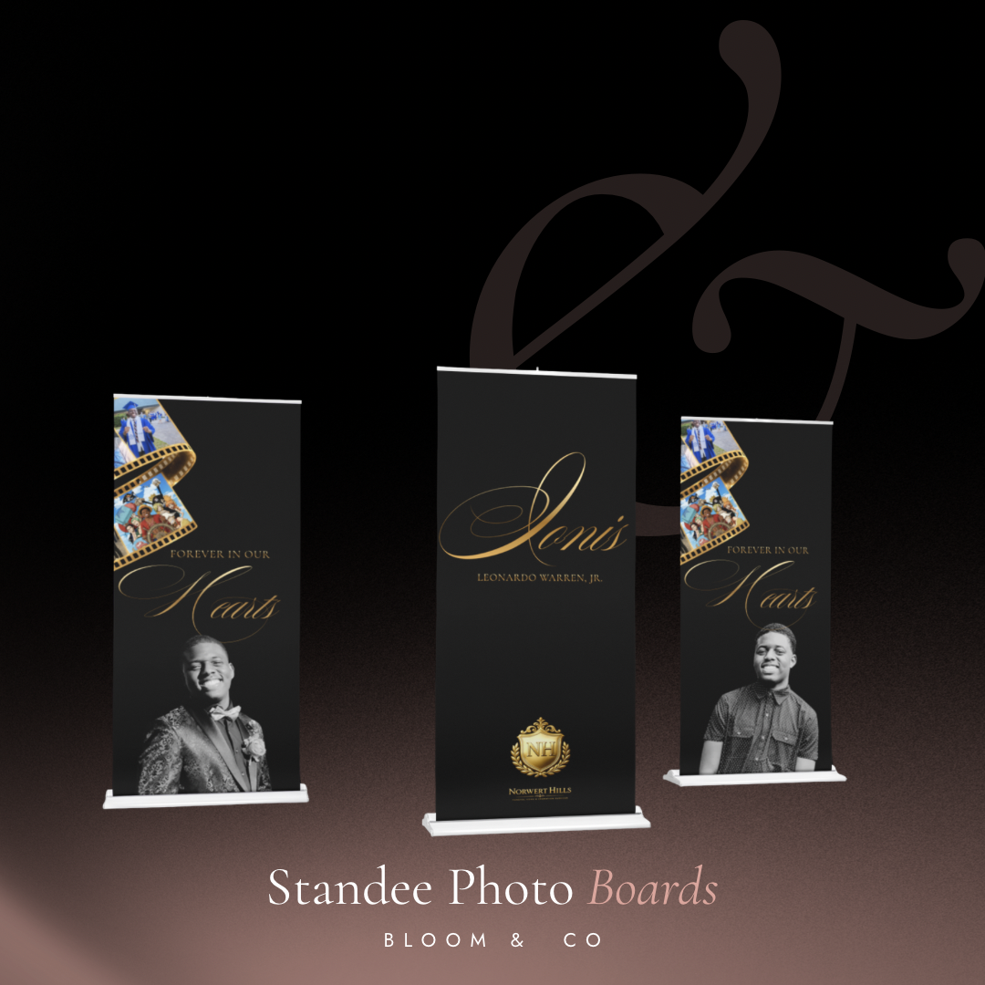 Leonardo Warren Jr. standee photo boards trio with gold script lettering