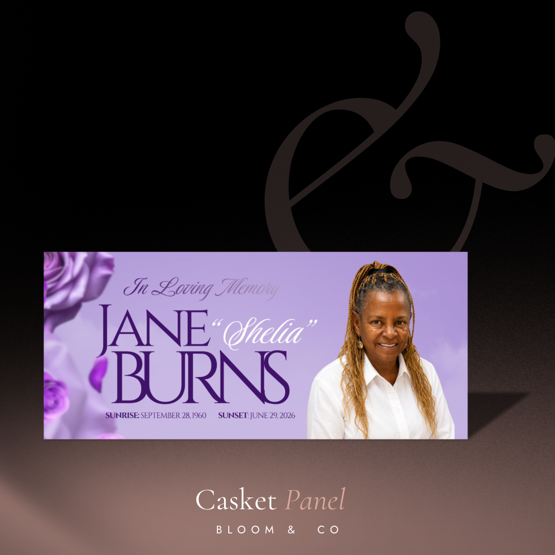Jane 'Shelia' Burns casket panel in loving memory with purple florals