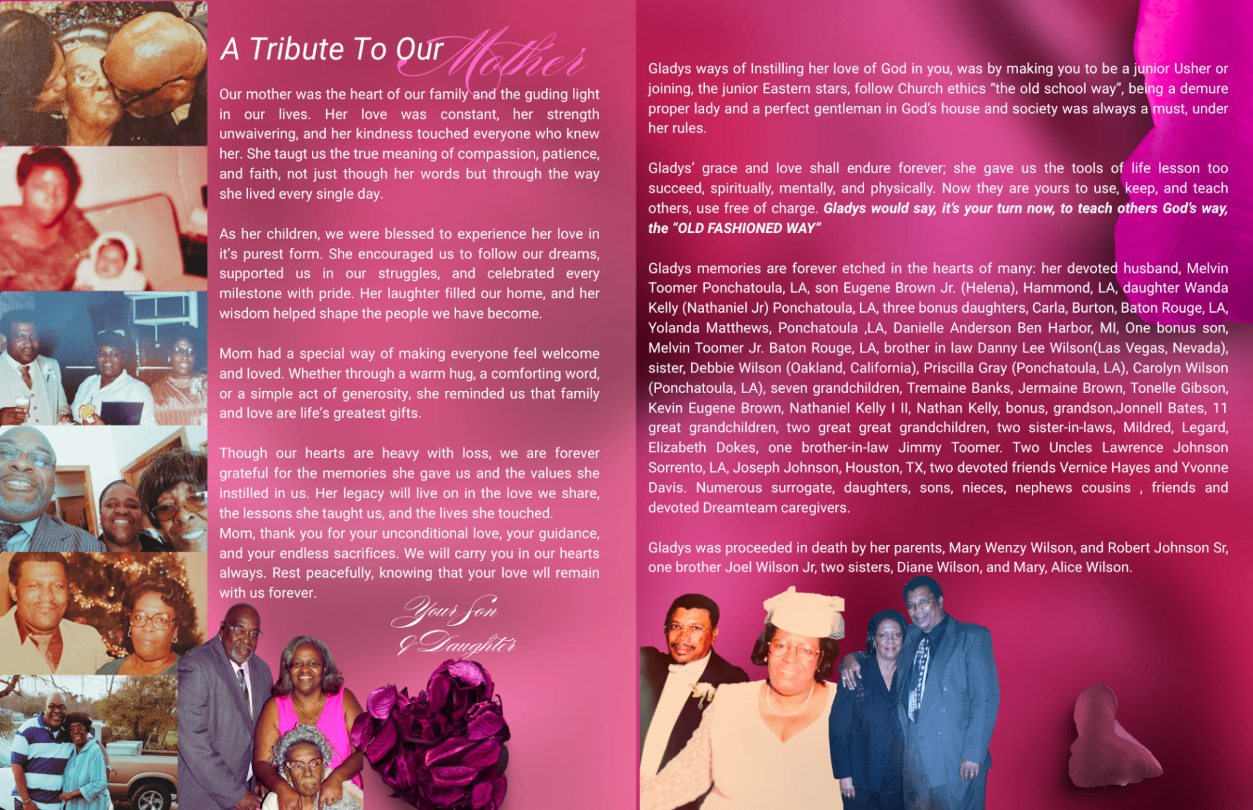 Gladys Brown Toomer memorial program spread with written tribute and family photos
