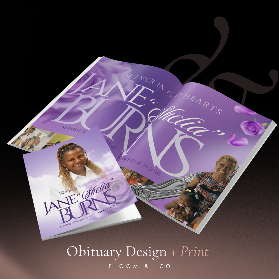 Jane 'Shelia' Burns obituary program design and print pieces on dark backdrop