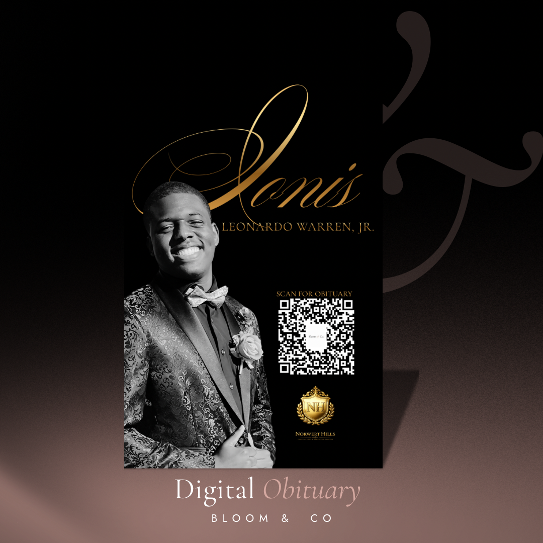 Leonardo Warren Jr. digital obituary card with QR code