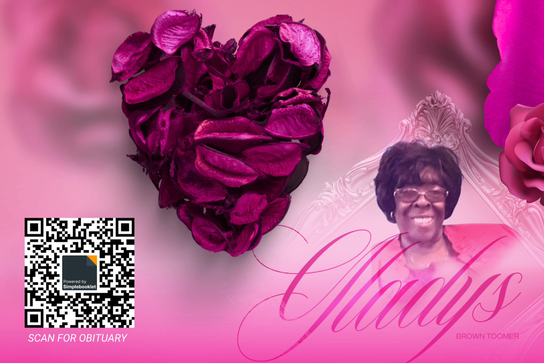 Gladys Brown Toomer foam board memorial piece with QR code and floral heart