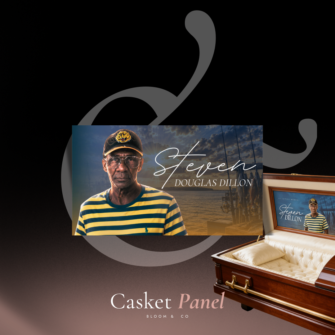 Steven Douglas Dillon casket panel presentation with matching memorial artwork