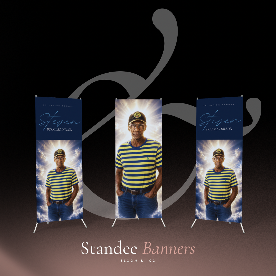Steven Douglas Dillon memorial standee banner trio on a dark presentation background