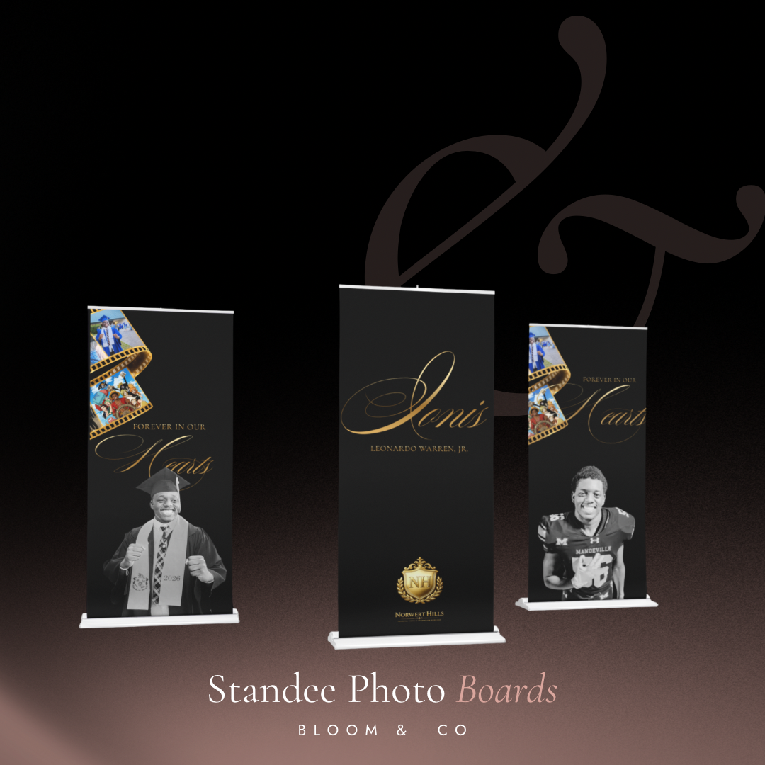 Leonardo Warren Jr. standee photo boards with graduation and football portraits