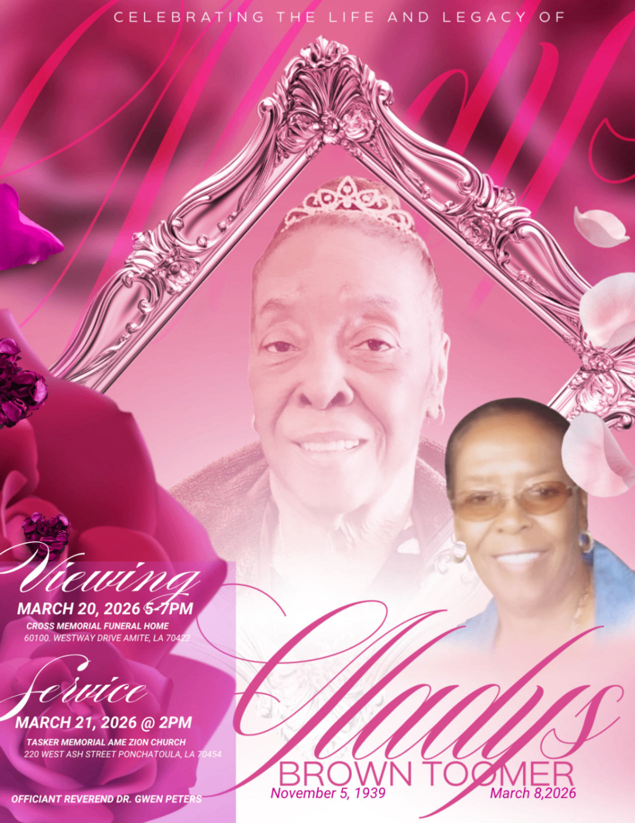 Gladys Brown Toomer death announcement with pink florals and ornate frame