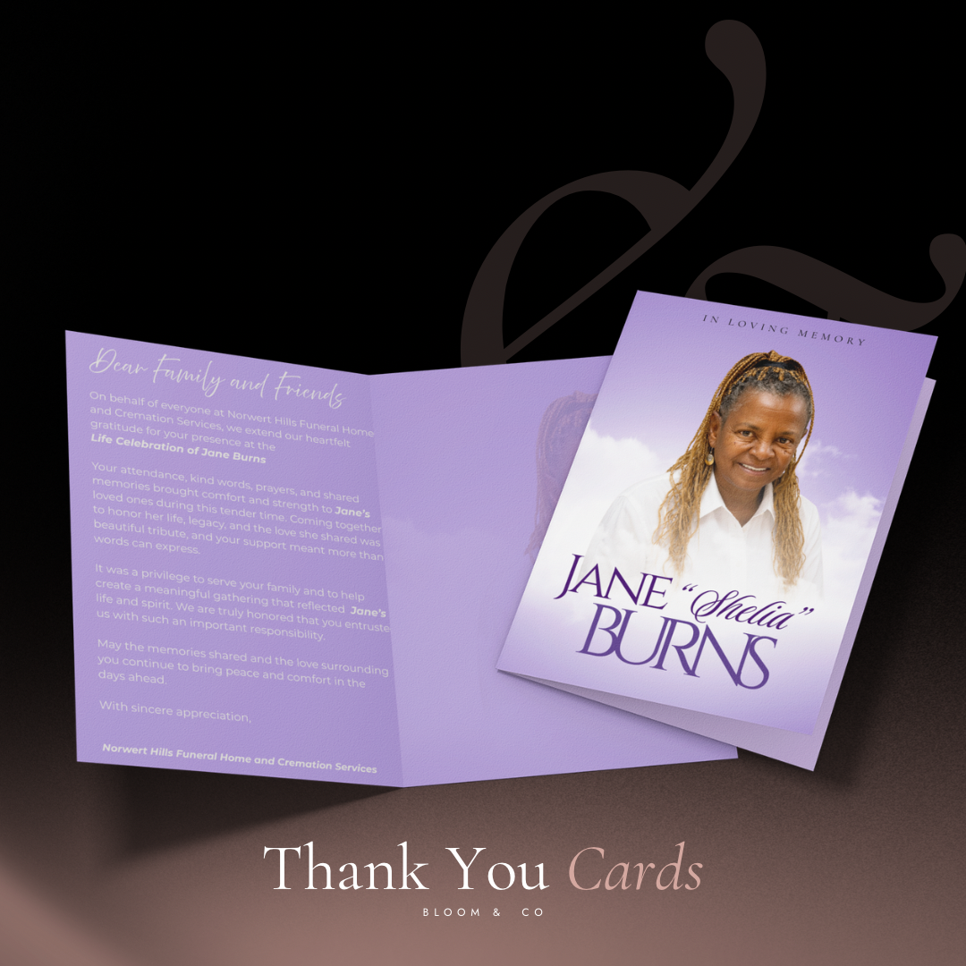 Jane 'Shelia' Burns thank you cards from Norwert Hills Funeral Home