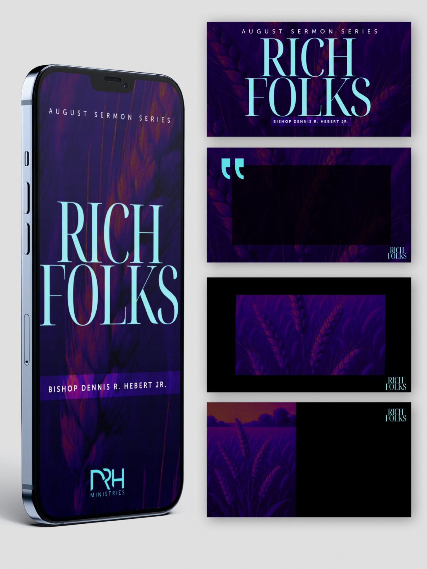 Rich Folks August sermon series mockup on phone with social variants