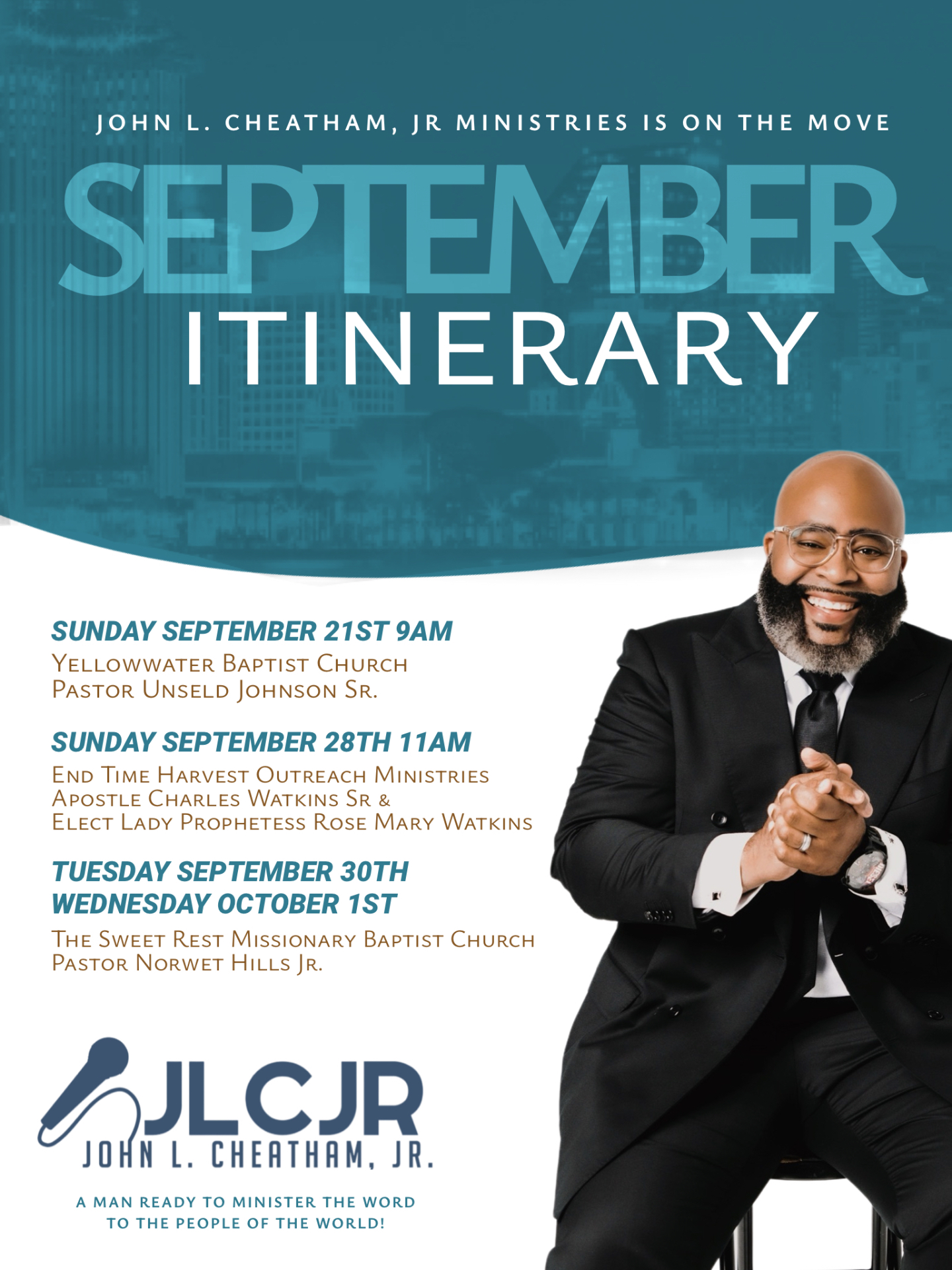 John L. Cheatham Jr. Ministries September itinerary flyer in teal