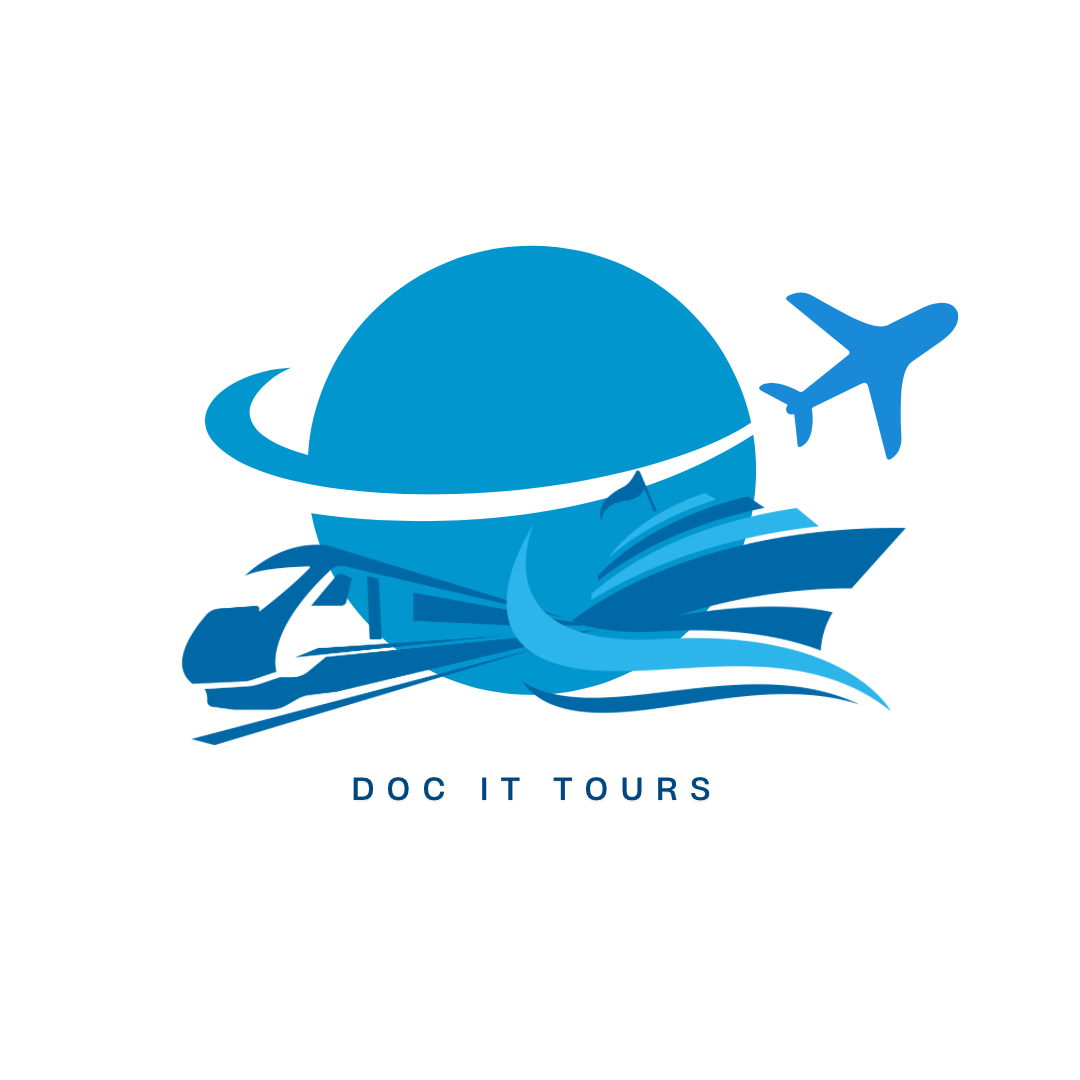 Doc It Tours — Logo Design: Globe, plane, ship & rail composite mark
