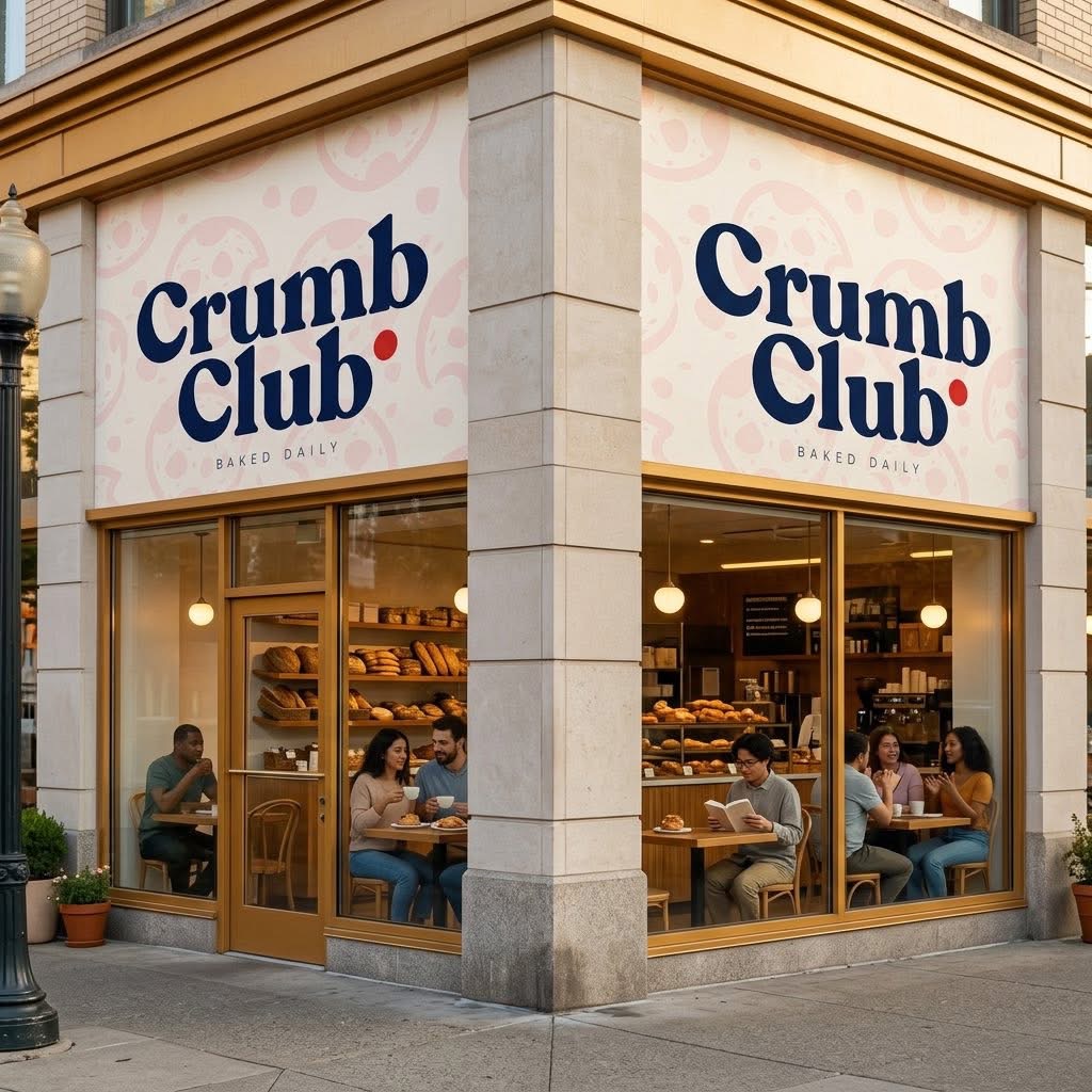 Crumb Club — Storefront: Corner shop signage with golden window frames