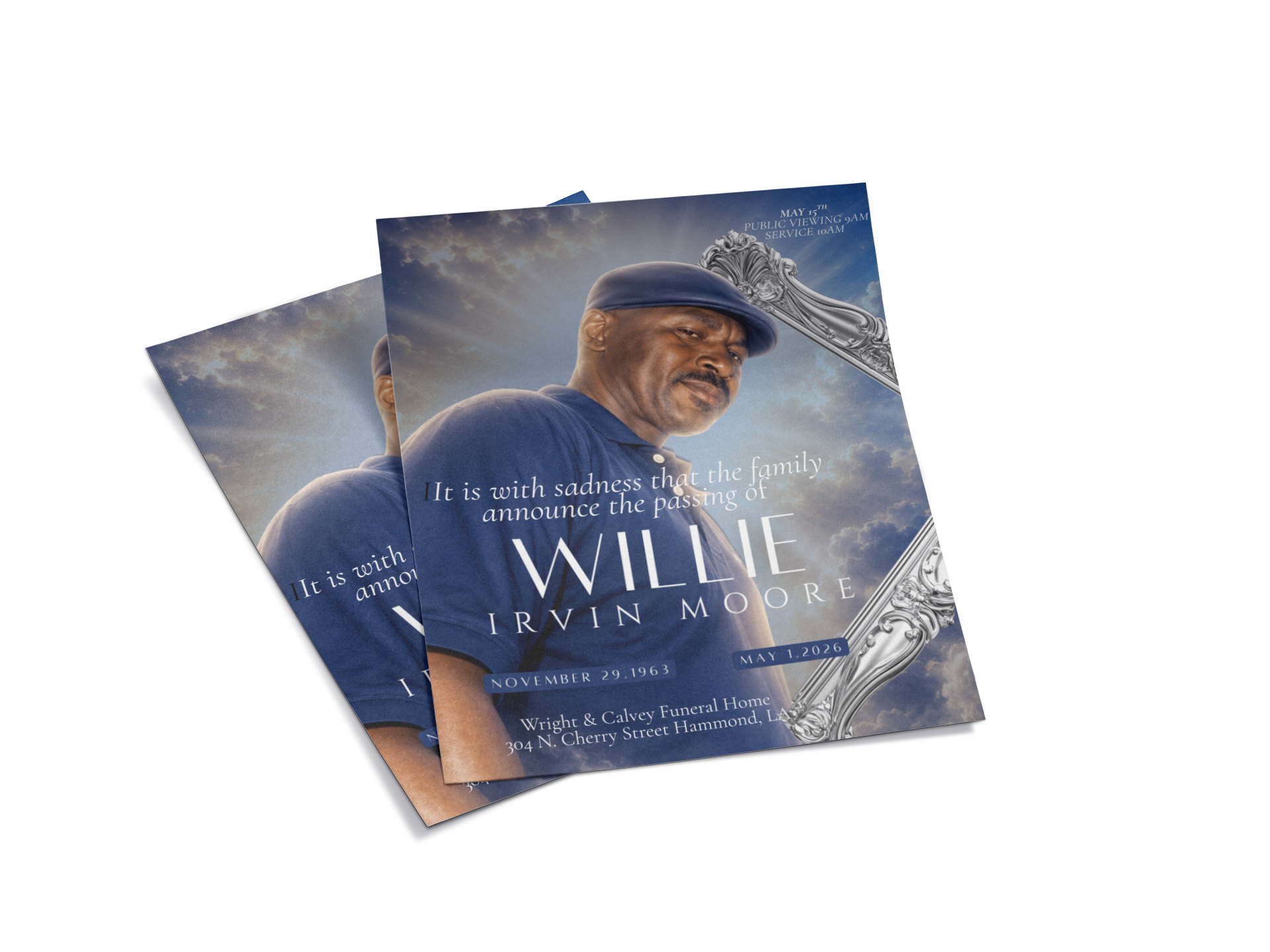 Willie Irvin Moore memorial announcement with portrait, clouds and silver baroque frame