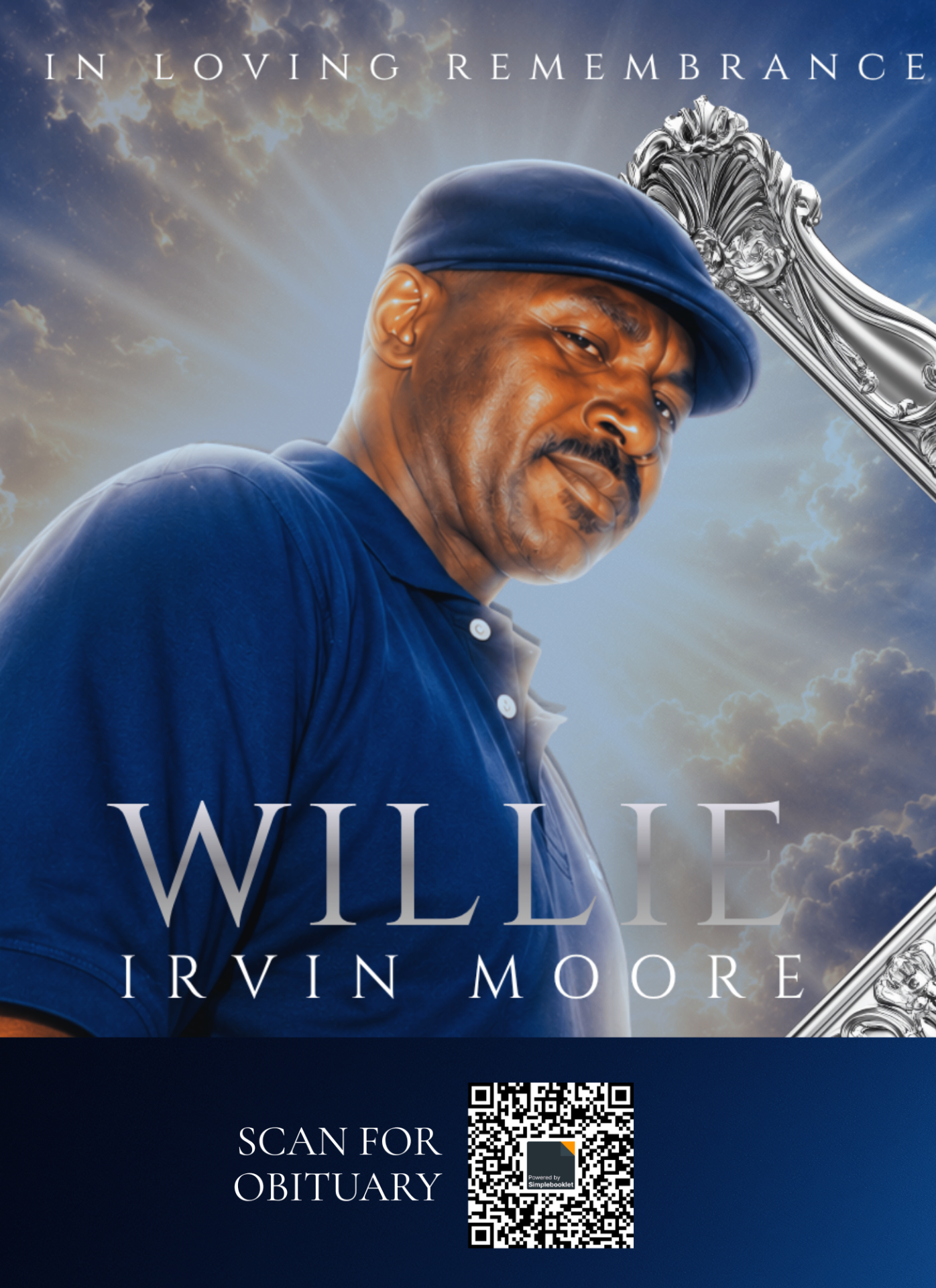 Willie Irvin Moore in loving remembrance portrait with QR code for obituary