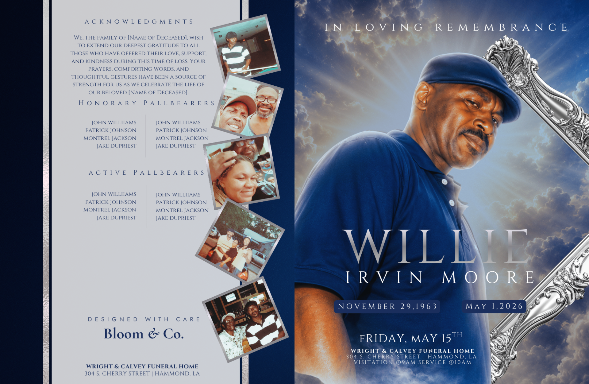 Willie Irvin Moore memorial program cover and pallbearers spread
