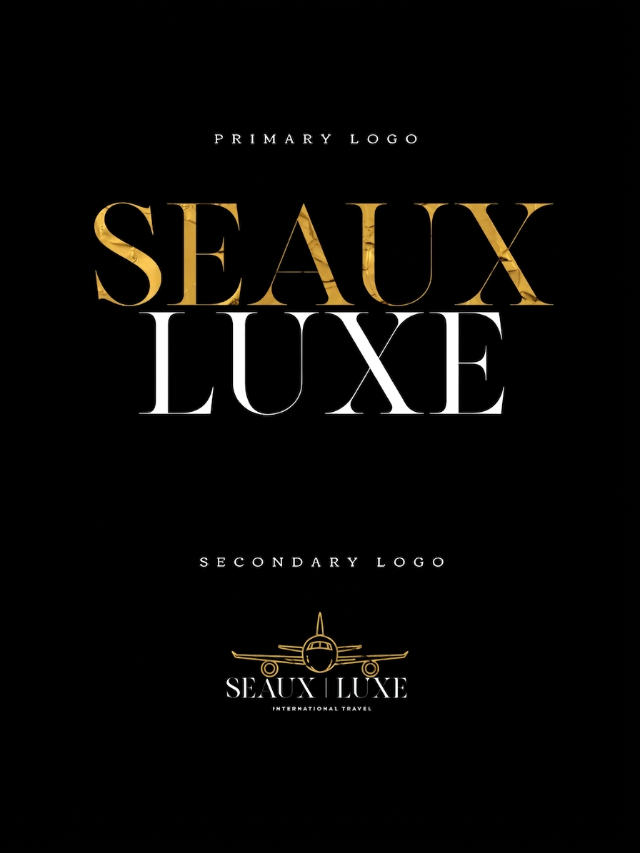 Seaux Luxe — Logo Design: Primary gold-foil wordmark + plane secondary mark